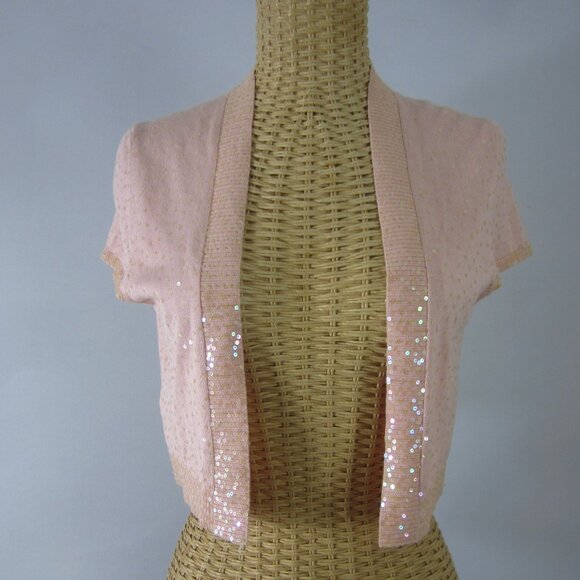 New bcbg maxazria Womens M Pastel Peach Pink Silk Sequined Cap Sleeve Shrug - Picture 1 of 9
